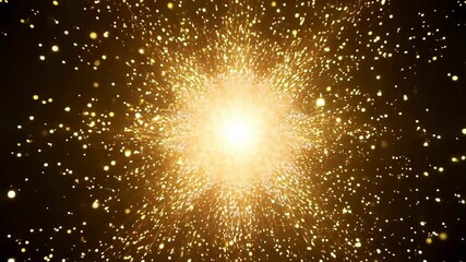 Abstract gold dust exploding from center. Shining luxury glitter fireworks animation. Bright yellow bokeh starburst for holiday celebration, awards, and cinematic event backgrounds. - Powered by Adobe