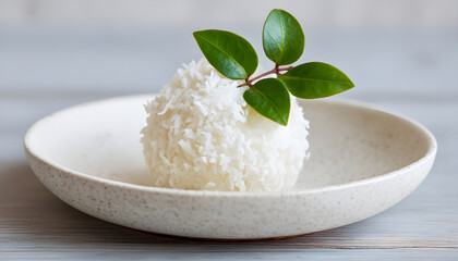 Rice ball panko coconut dessert sweet Asian snack garnish leaf white bowl minimal elegant closeup homemade delicious treat