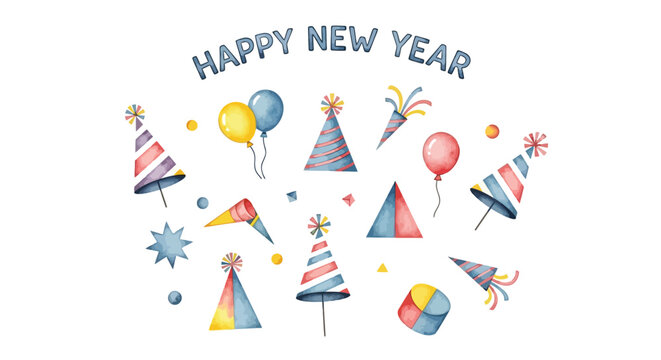 Happy new year celebration with colorful party hats balloons confetti and noisemakers on white background watercolor illustration