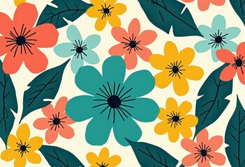 Colorful Floral Pattern Featuring Various Flowers and Leaves on a Light Background
