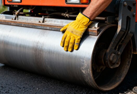 A construction worker's gloved hand on a road roller drum. Heavy machinery for paving and compacting fresh asphalt on a new road