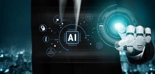 The ecosystem of Artificial Intelligence (AI) core technology. A concept of an AI platform powering data analysis, machine learning, and global networks. Motif