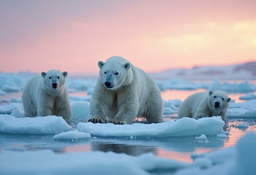 A Family of Polar Bears on Ice in a Serene Arctic Landscape at Dusk