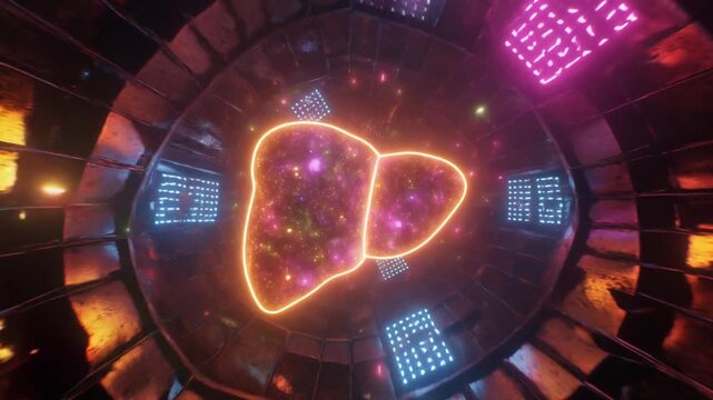 Futuristic medical visualization of hepatic bio-synthesis and cellular organization within a diagnostic machine