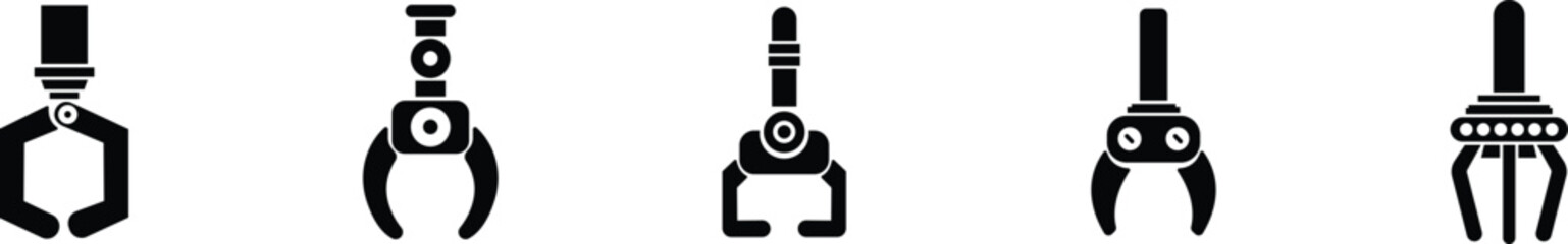 Grabber Robotic Arm Icon Set, Industrial Claw, Mechanical Hand, Automation Tool, Factory Robot, and Engineering Machine Symbol Collection and Group Vector in Black Color Flat Style