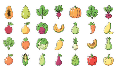 Fresh Vegetable and Fruit Icon Set – Colorful Healthy Food Vector Collection