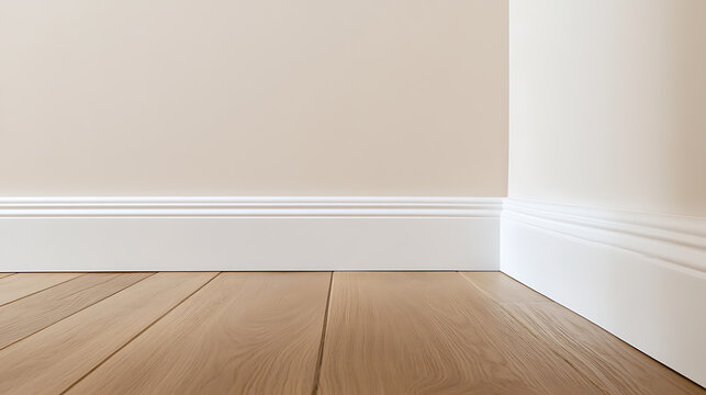 Elegant architectural detail showcasing the seamless blend of light-colored walls, white baseboards, and warm wooden flooring, creating a harmonious interior space.
