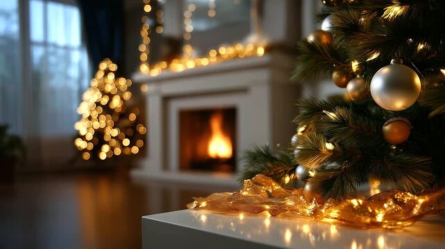 Defocused view of a Christmas tree and glowing garland, gentle firelight painting the room in amber tones, with copy space.