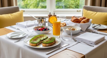 healthy breakfast in summer holiday with avocado, croissant, orange juice, pancake, syrup, berries and beautiful view from window