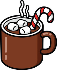 A warm and comforting cup of hot cocoa with fluffy marshmallows and a festive candy cane, a perfect winter holiday treat illustration