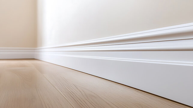 Interior shot highlighting a modern, minimalist aesthetic. Features pristine white baseboards accentuating the wall's clean lines and light wooden floors enhancing the room's ambiance.