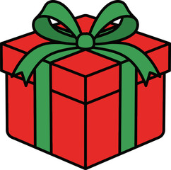 A festive red gift box with a green ribbon and bow, a classic Christmas present illustration for holiday celebrations