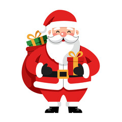 Cheerful cartoon Santa Claus character holding a gift and carrying a big red sack full of presents. Isolated vector illustration for Christmas holiday greetings