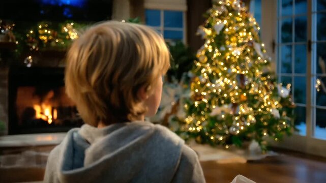 Faceless child looking toward a glowing Christmas tree, defocused firelight filling the room with warmth, with copy space.
