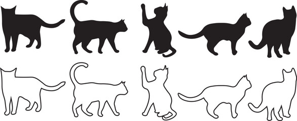 Cat Silhouettes and Outline Vector Set in Various Poses Black Kitten Icon Collection for Animal Pet Design