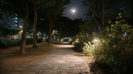 Pathway in a park at night. the pathway is made of cobblestones and is surrounded by trees and bushes on both sides. the trees are tall and slender, and the bushes are lush and green.