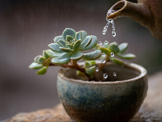 Succulent plant ceramic pot water droplets close up green leaves gentle watering natural light indoor peaceful moisture succulent plant is being gently watered creating calm and refreshing