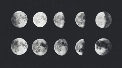 Obraz premium Black and white photograph of nine phases of the moon. the phases are arranged in a grid-like pattern, with each phase represented by a different color.