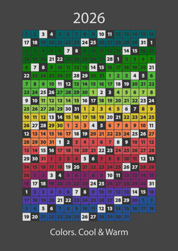 2026 Rainbow Calendar Vector - Unique designed year calendar in rainbow colors, warm colors for the warm months, and cool colors for the cold months.