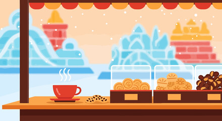 A charming flat design illustration of a street vendor selling warming hot drinks and snacks amidst the snowy backdrop of the Harbin Ice and Snow Festival.
