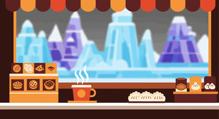 A charming flat design illustration of a street vendor selling warming hot drinks and snacks amidst the snowy backdrop of the Harbin Ice and Snow Festival.