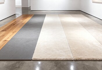 A variety of flooring material samples for interior design. Wood planks, grey tiles, and beige carpet textures on a concrete floor. Home improvement and renovation choice concept