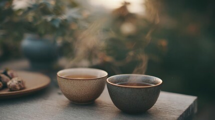 Two small bowls of tea on a wooden table. the bowls are made of ceramic and have a speckled texture. the tea is steaming, indicating that it is freshly brewed.