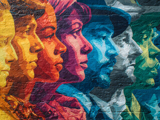 Colorful mural featuring diverse human profiles in vibrant shades, painted on brick wall, expressing unity and creativity through art, with focus on emotional connection and diversity