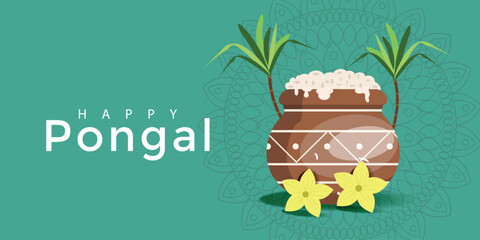 Happy Pongal banner. Pot, plant, flower of pumpkin, mandala. Card greeting india culture harvest celebration for web design. Vector illustration