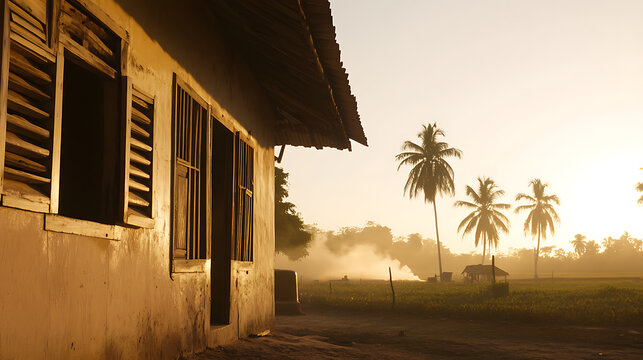 A serene sunrise bathes a rustic building, its open windows framing a tropical landscape with palm trees silhouetted against the golden light. The scene evokes tranquility.