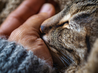 Close up of hand gently caressing relaxed tabby cat, showing affection and warmth, with soft fur and cozy atmosphere, evoking comfort and tenderness