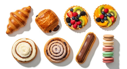 Assorted pastries croissant pain au chocolat fruit tart macarons and more food