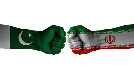 Pakistan vs iran geopolitical conflict concept fists with flags illustration