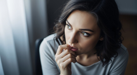 A pensive woman looks away by a window, lightly biting her finger in a moment of quiet contemplation, setting a thoughtful mood.