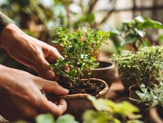 Hands gently tending to small green plant in clay pot, surrounded by lush indoor foliage, natural light, and peaceful atmosphere, evoking calm and care