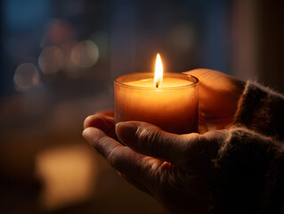Close up of hand gently holding single burning candle in dimly lit room, creating warm and peaceful atmosphere with soft light and calm emotion