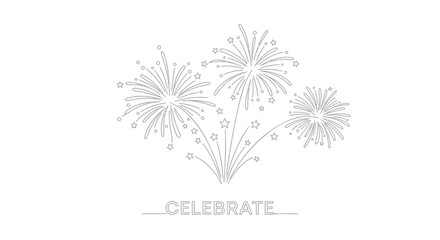 Minimalist line art illustration of celebratory fireworks exploding in the night sky with the word celebrate below