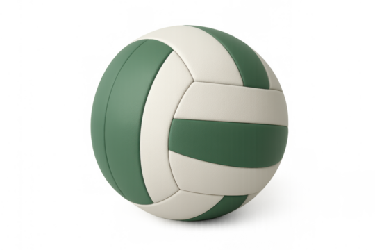 Volleyball ball standing on a transparent background, green and white panels, professional sports equipment