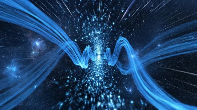 Abstract blue digital wave illuminating through a galaxy of shimmering particles, representing energy flow and cosmic connections
