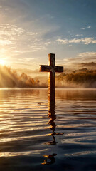 wooden cross rising from calm water, Grace at Dawn