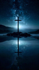 wooden cross standing in calm water, “Light Over the Waters