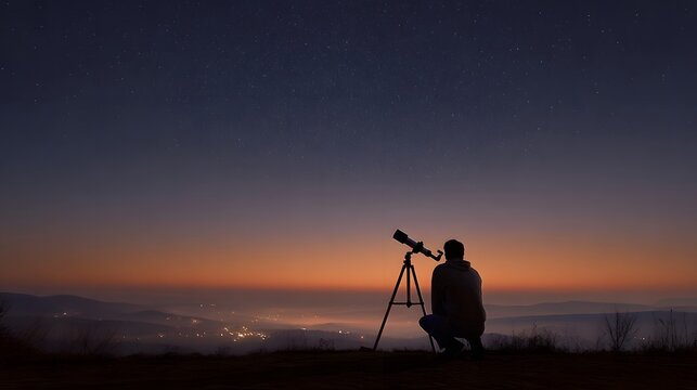Silhouette of an astronomer with a telescope observing stars and a distant glowing city at twilight