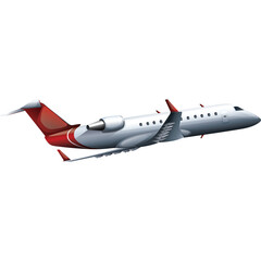 Modern Private Jet Airplane with Red and White Exterior Flying High Above Clouds with a Clear Blue Sky Background and Sunlight Glinting Off the Fuselage