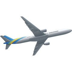 Modern Passenger Jet Airplane Flying in Clear Blue Sky White Fuselage Blue Yellow Tail Fins Detail