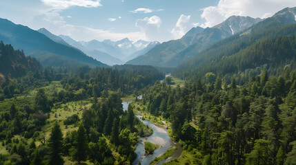 Aerial view of a winding river flowing through a lush green forest valley with distant snow-capped mountains under a blue sky with clouds