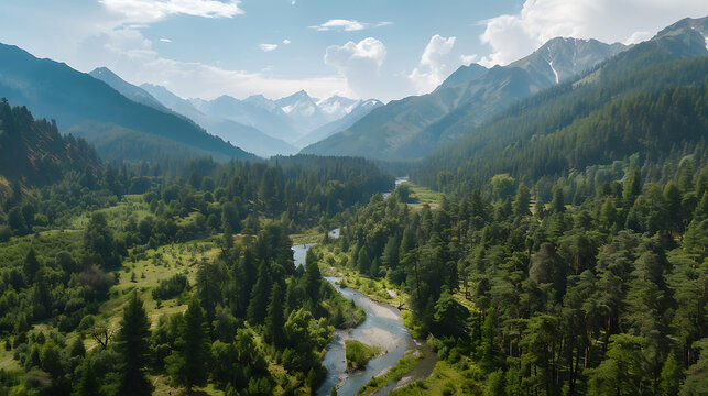 Aerial view of a winding river flowing through a lush green forest valley with distant snow-capped mountains under a blue sky with clouds