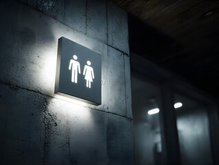 Illuminated restroom sign with male and female symbols on concrete wall, modern public bathroom entrance, night urban setting, inclusive and accessible design