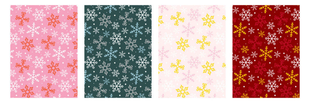 Seamless snowflake patterns in festive color palette. Modern winter background collection for wrapping paper and holiday decor.