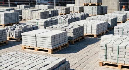 Pallets of rectangular pavers stacked, ready for construction, outside