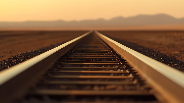 A long railway stretches toward the horizon under a warm, golden sky, evoking a sense of journey, adventure and the endless possibilities of travel. The tracks reflect light.